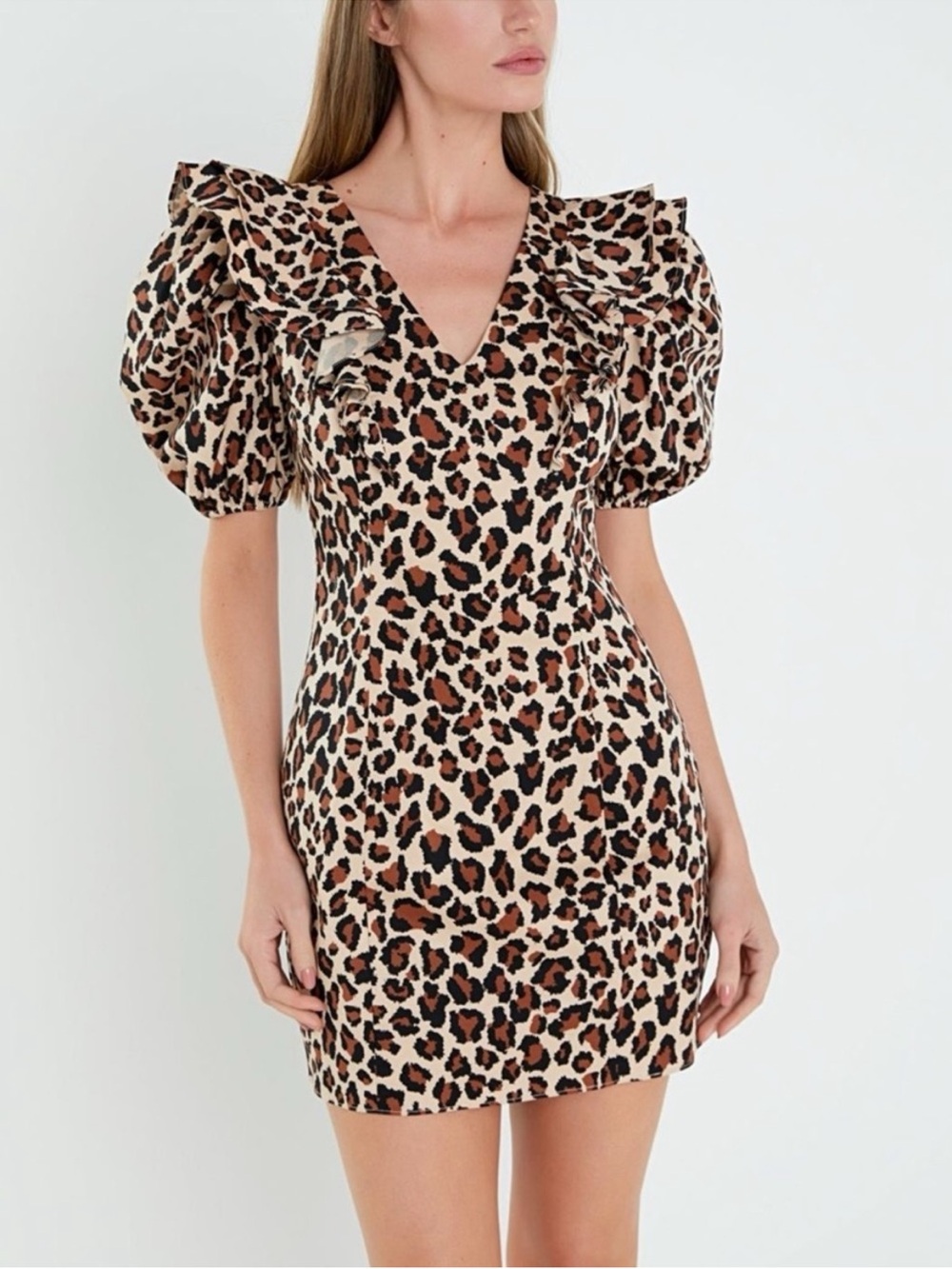 English Factory Leopard‎ Print V-Neck Puff Sleeve Mini Dress NWT Tan Black Small
